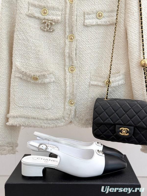 2025 Women Chanel White Black Leather Slingback Heels