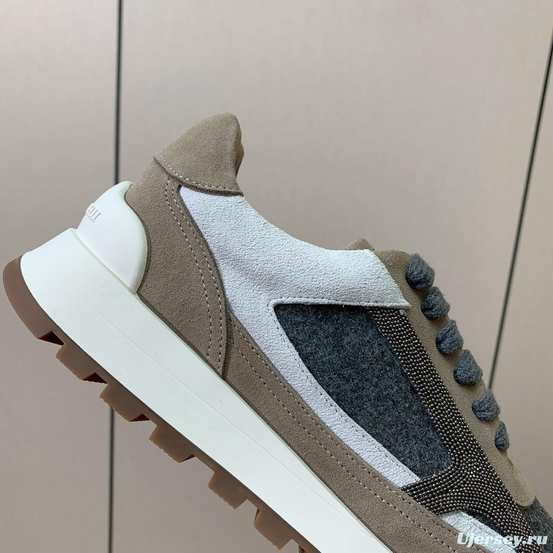 2025 Unisex Brunello Cucinelli Beige Gray White Leather Wool Casual Sneakers LY