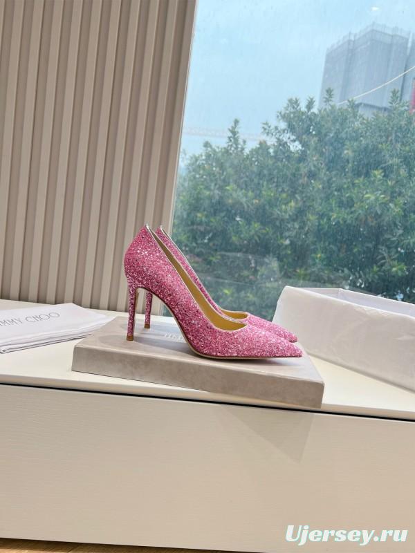 2025 Women Jimmy Choo Pink Glitter Leather High Heels KFY00280