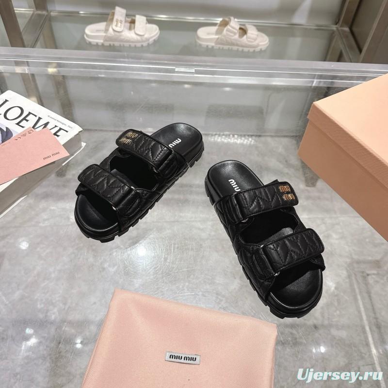 2025 Women Miu Miu Black Leather Slide Sandals