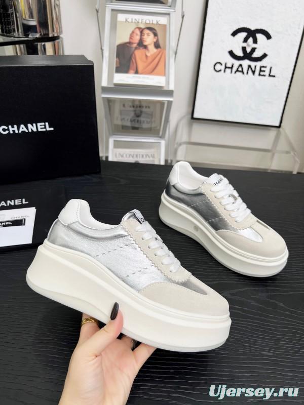 2025 Women Chanel White Silver Leather Suede Sneakers