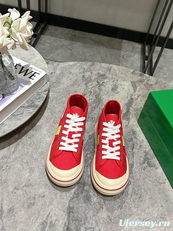 2025 Unisex Bottega Veneta Red Yellow Canvas Leather Sneakers Hand Painted KFY00260(F/M)