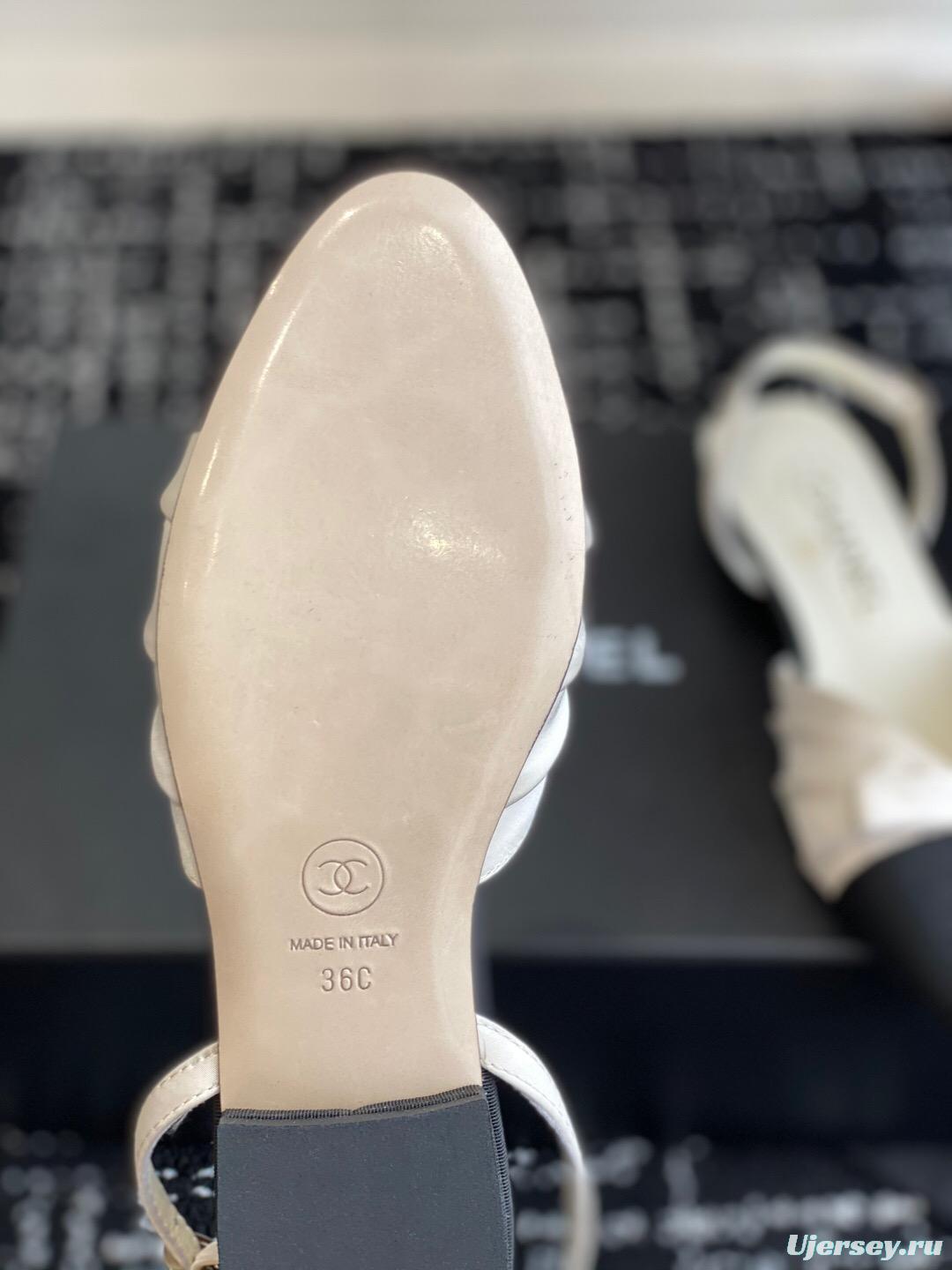 2025 Women Chanel Black Beige Silk Leather Sandals Bow KFY00289