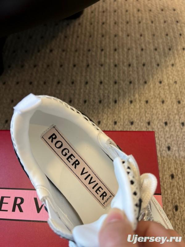 2025 Women Roger Vivier White Black Leather Synthetic Fabric Sneakers KFY00380