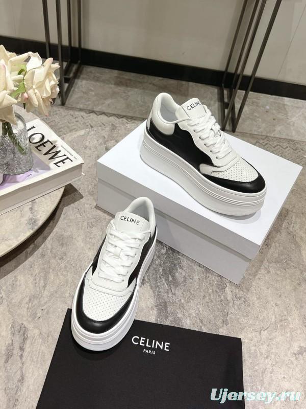 2025 Women Celine Black White Leather Platform Sneakers KFY00330