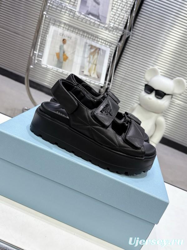 2025 Women Prada Black Leather Sandals