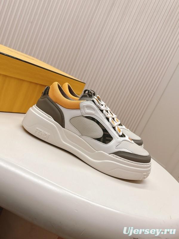 2025 Women Fendi White Grey Yellow Leather Mesh Sneakers