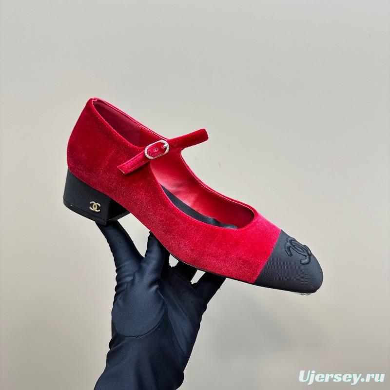 2025 Women Chanel Red Black Suede Leather Mary Jane Exclusive KFY00290
