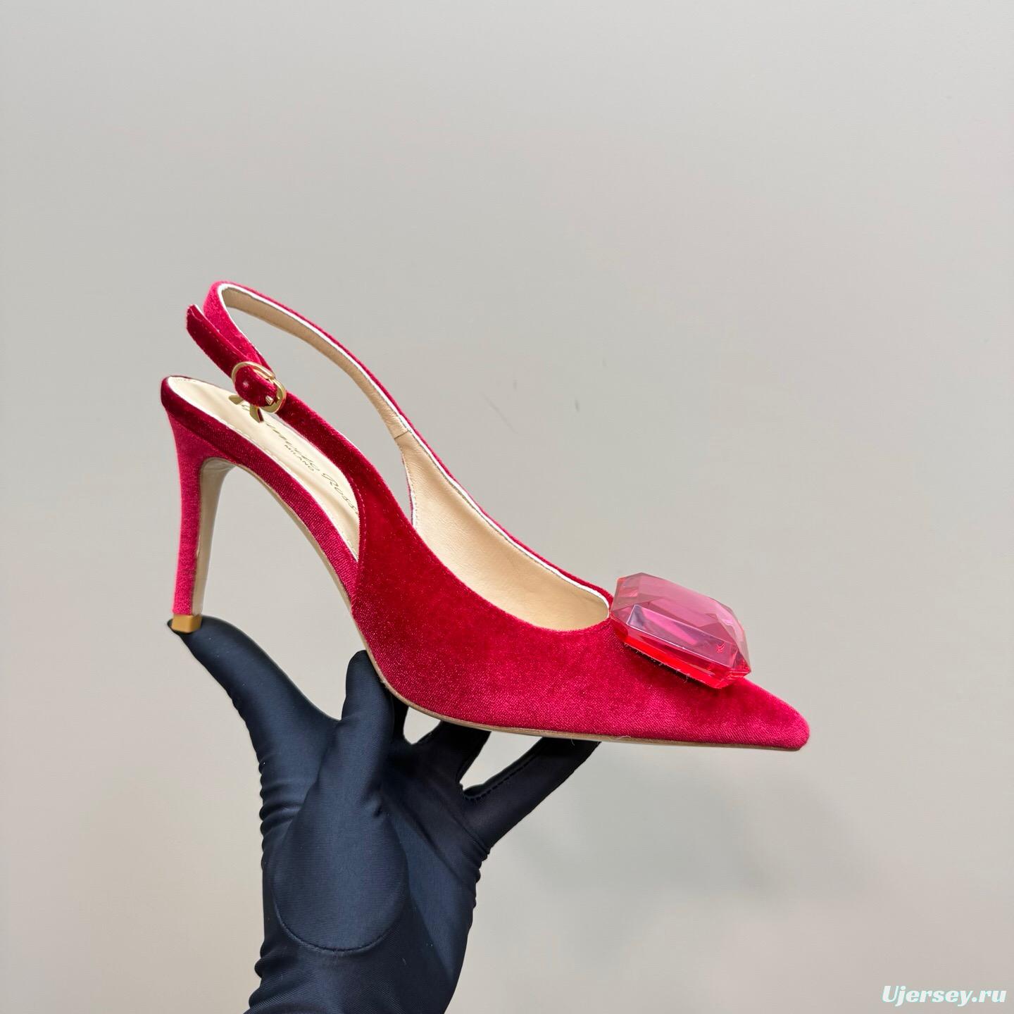 2025 Women Gianvito Rossi Red Velvet Slingback Pumps KFY00300
