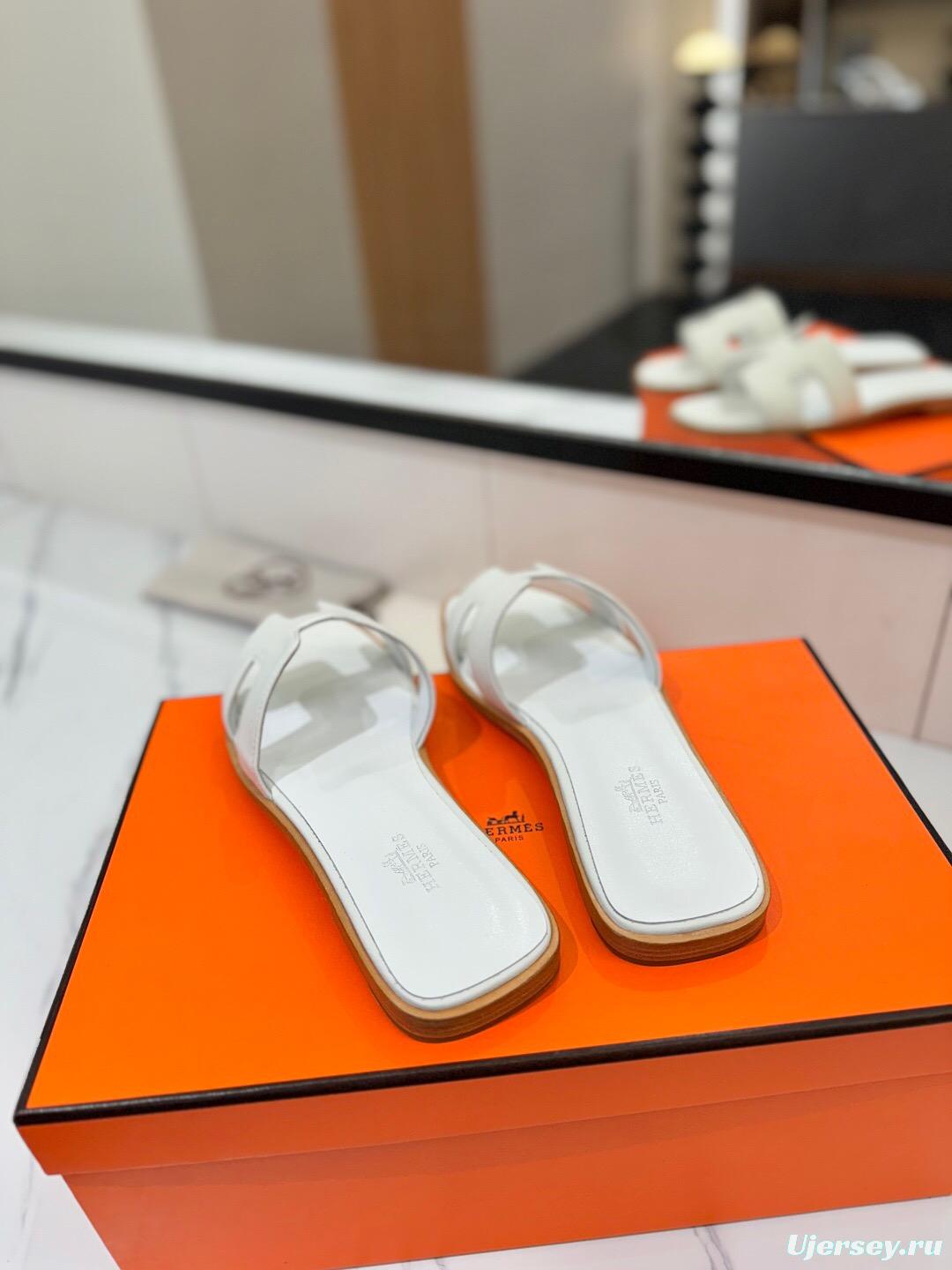 2025 Women Hermès White Leather Slippers
