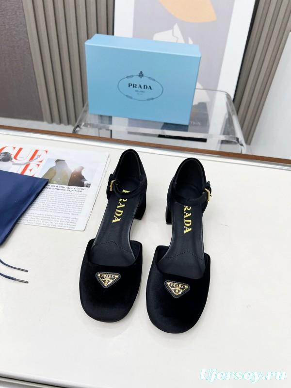2025 Women Prada Black Velvet Mary Jane Block Heel KFY00270