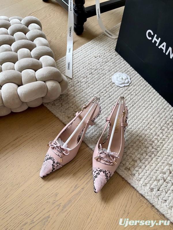 2025 Women Chanel Pink Python Leather Bow High Heels KFY00320