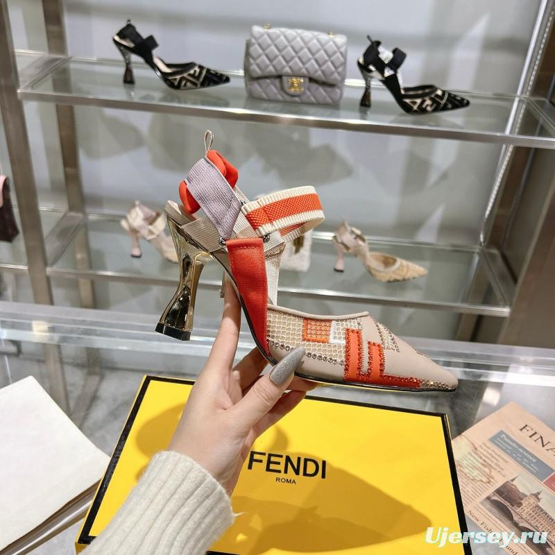 2025 Women Fendi Beige Orange Leather Fabric High Heels MJ00280