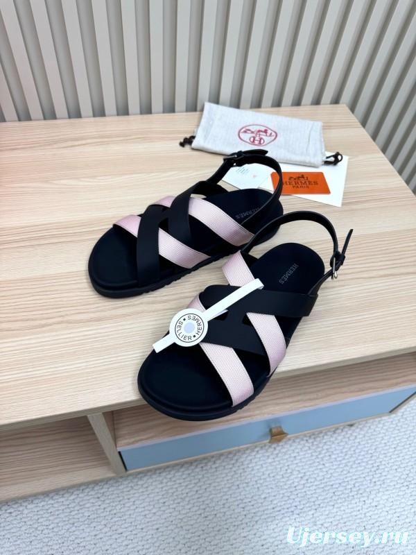 2025 Women Hermès Black Pink Leather Sandals LY00270