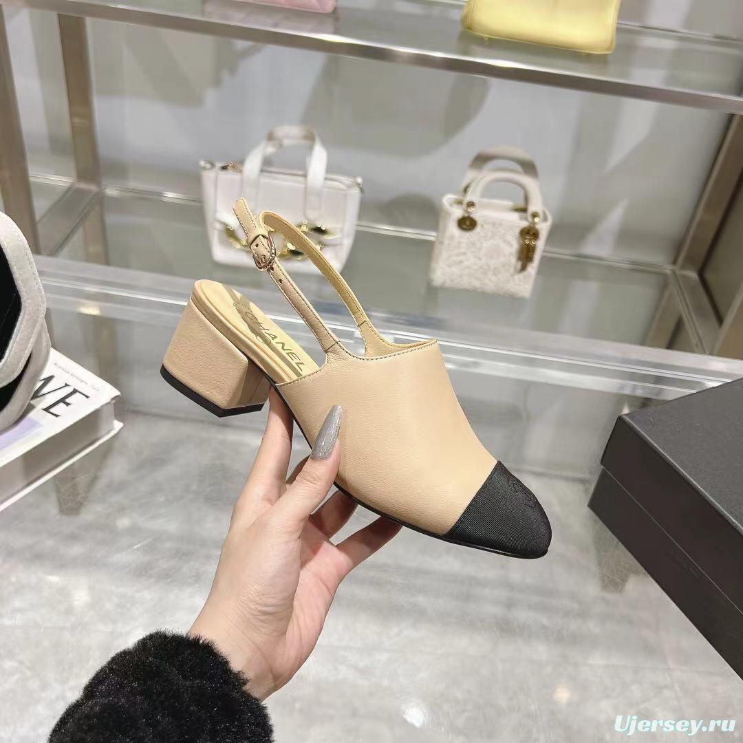 2025 Women Chanel Beige Black Leather Slingback Block Heel LY00300