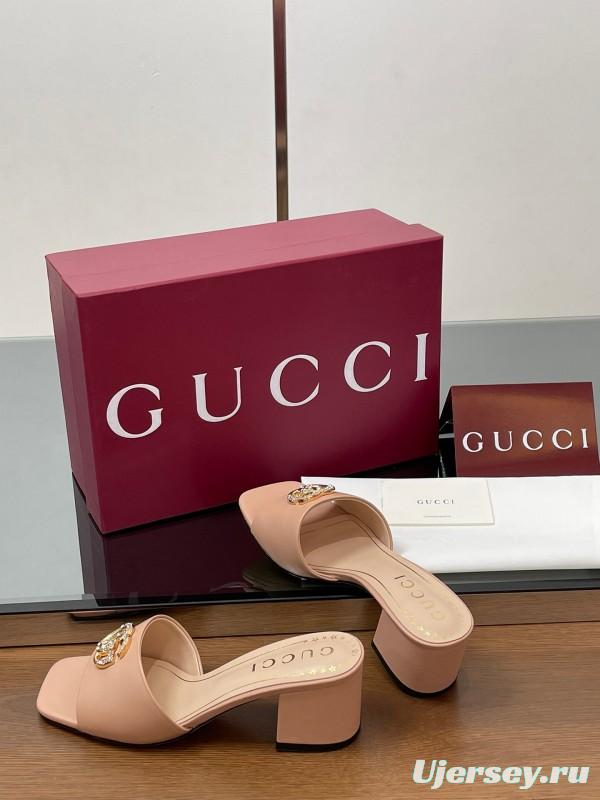 2025 Women Gucci Pink Leather Slippers GG Crystal Buckle LY00280