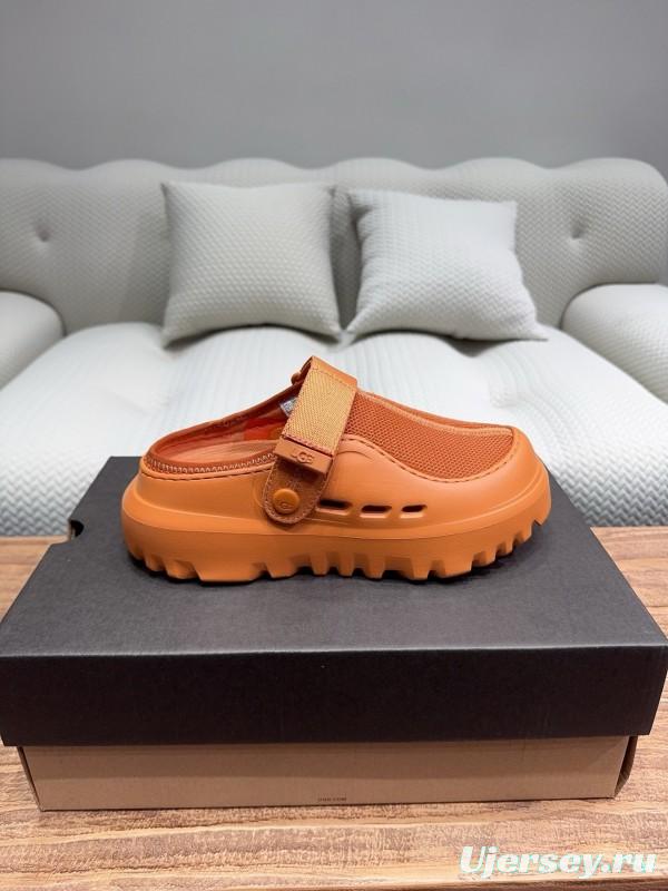 2025 UGG Brown Leather Mesh Slippers KFY00220