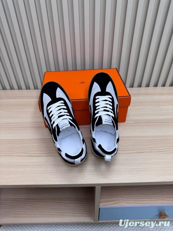 2025 Unisex Hermès Black White Suede Goat Leather Sneakers Top Version LY00310