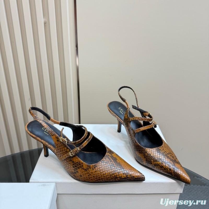 2025 Women Celine Brown Snake Leather Pointed Toe Slingback Heels