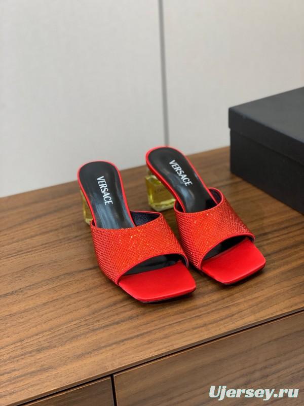 2025 Women VERSACE Red Leather Suede Slip-on Sandals