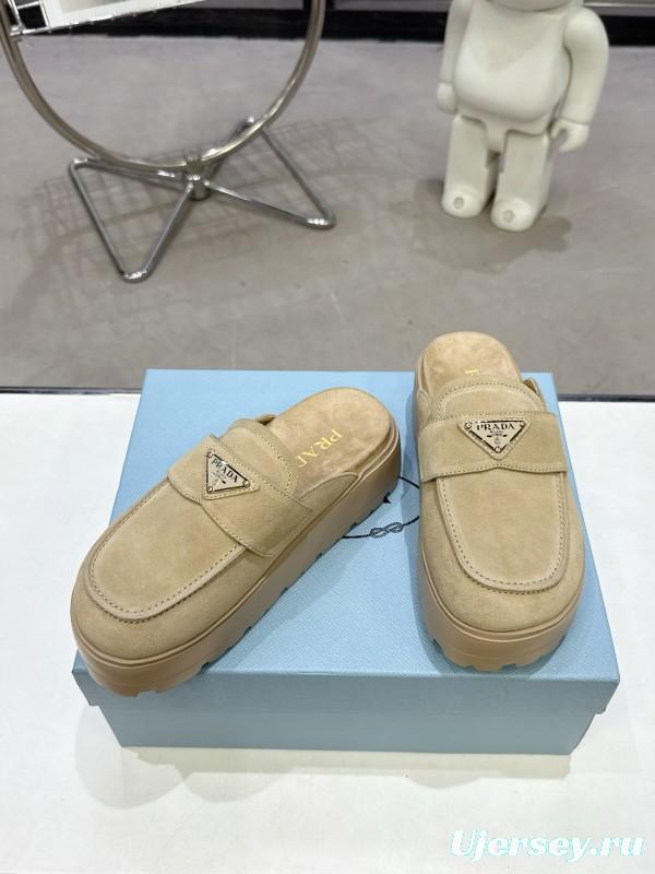 2025 Women Prada Beige Suede Loafer Slip-On KFY00280