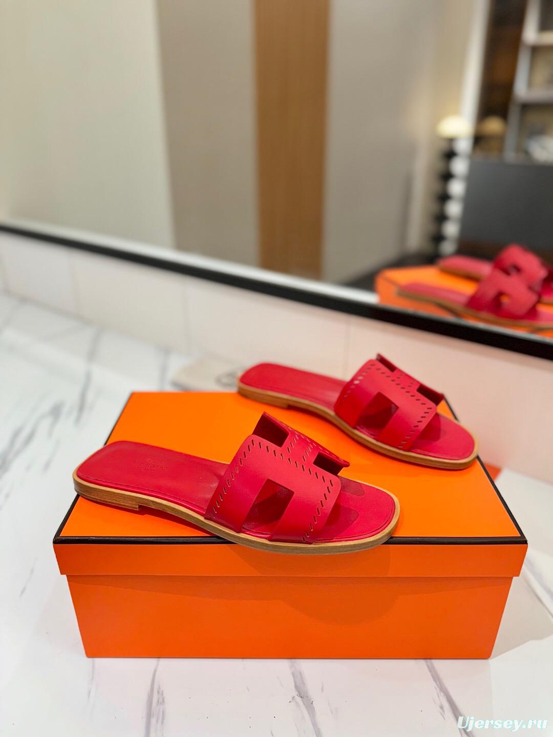2025 Women Hermès Red Leather Slippers KFY00260