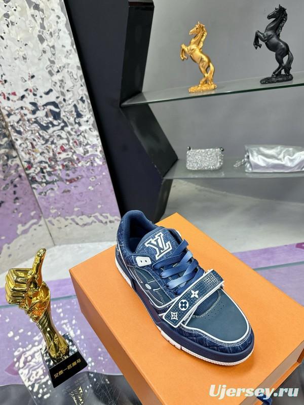 2024 Men Louis Vuitton Blue Denim Calfskin Silk Plimsolls Washed MJ00410