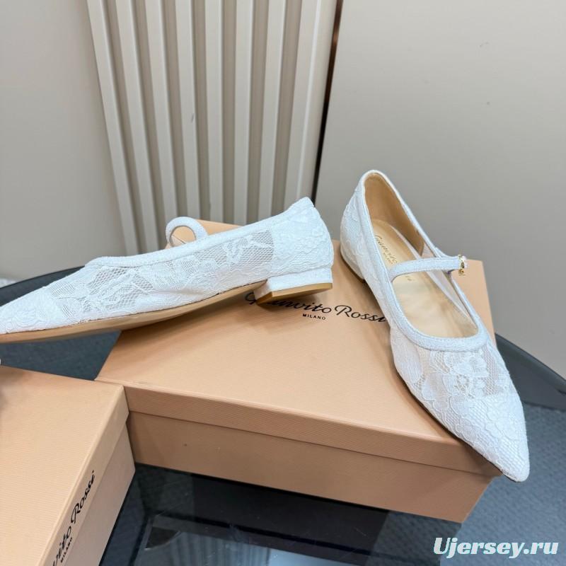 2025 Women Gianvito Rossi White Lace Leather Low Heel Ballerina KFY00260