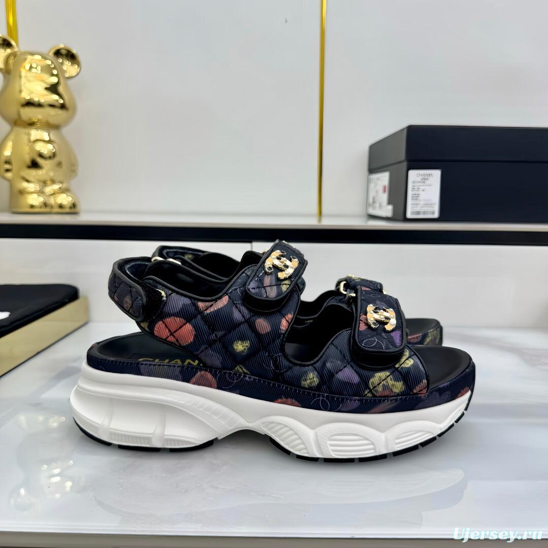 2025 Women Chanel Black Multicolor Fabric Leather Sandals LY00330