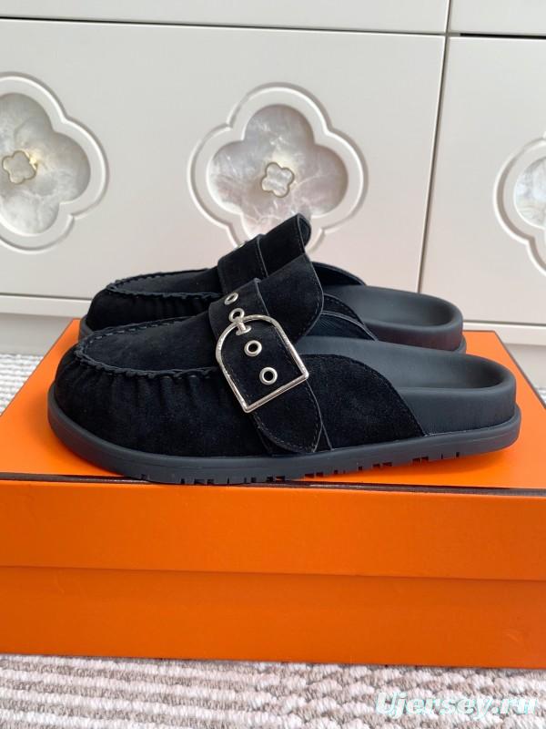 2025 Women Hermès Black Suede Mule Shoes Buckle KFY00290