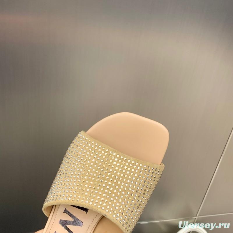 2025 Women Loewe Beige Rhinestone Leather Slippers LY00240