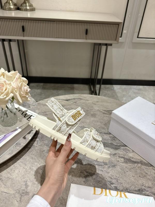 2025 Women Dior White Fabric Leather Sandals KFY00300