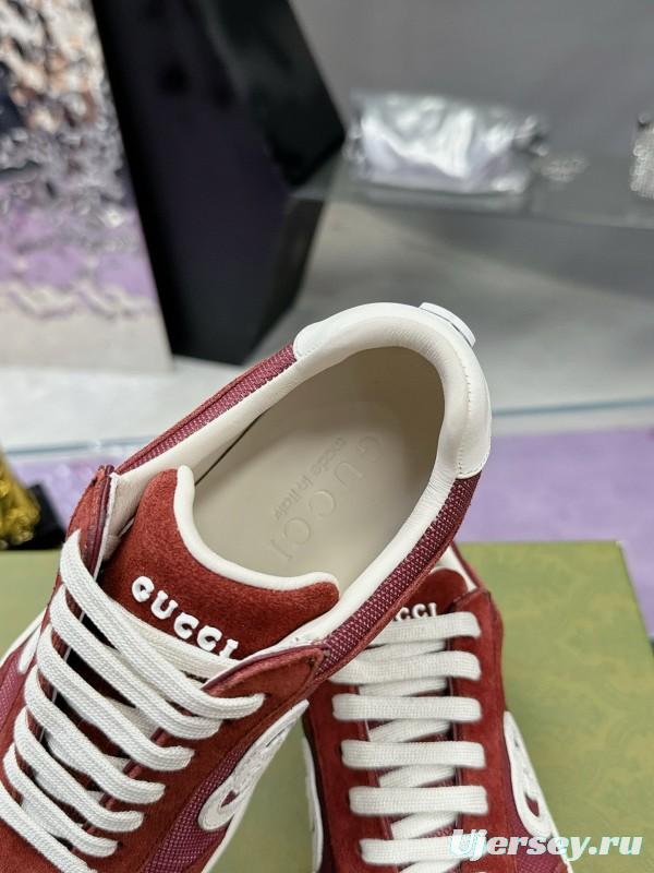 2024 Unisex Gucci Red Burgundy White Leather Suede Sneakers MJ00310