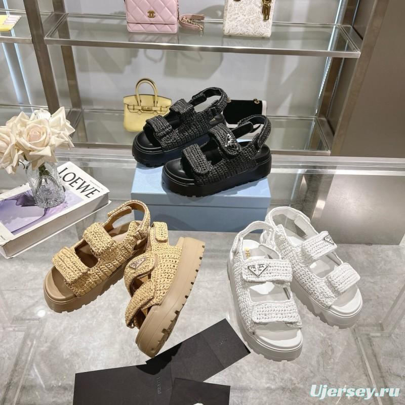 2025 Women Prada Black Woven Leather Sandals LY