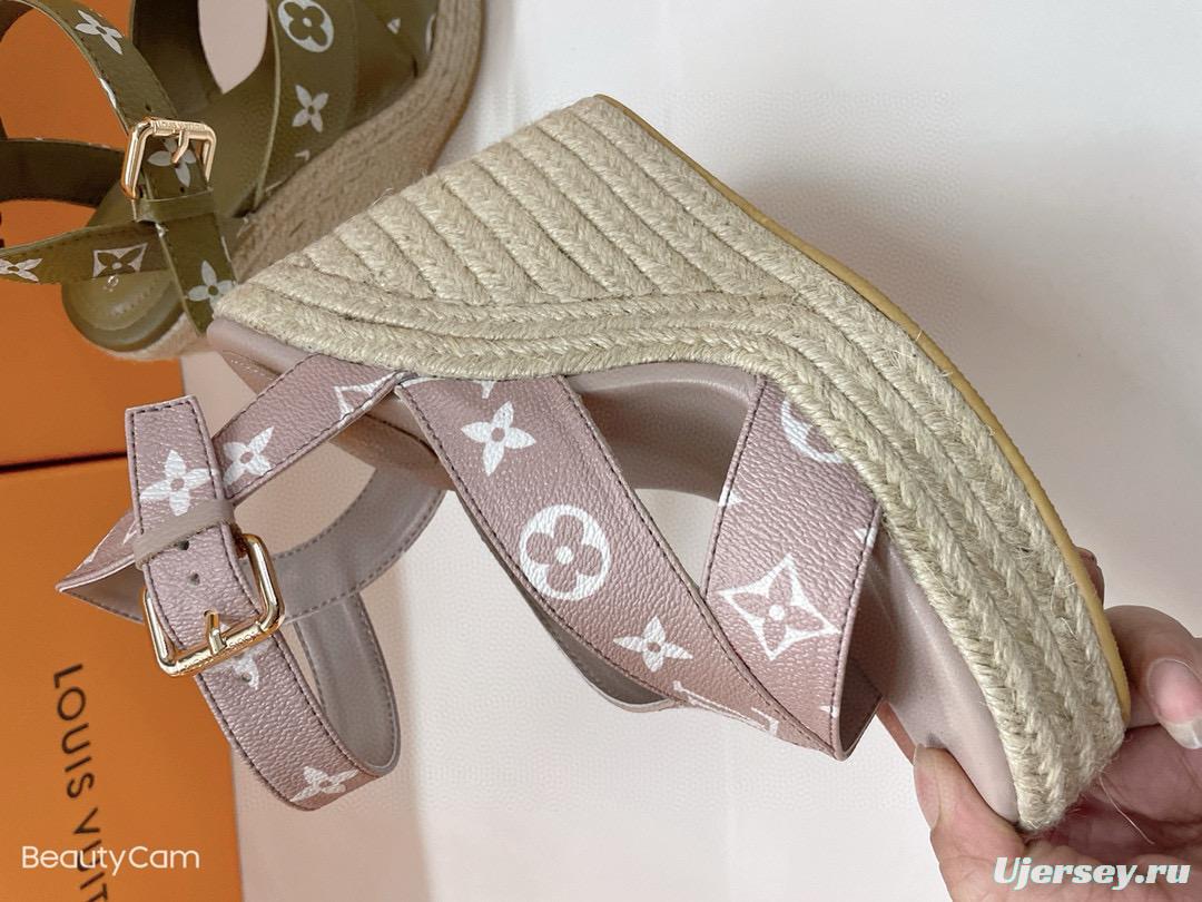 2025 Women Louis Vuitton Brown Beige Canvas Leather Wedge Sandals MJ00280