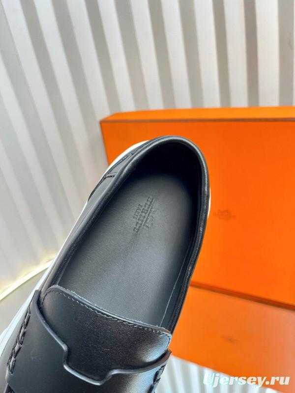 2025 Unisex Hermès Black Leather Fabric Loafers Slip-On LY00310(F)/LY00320(M)