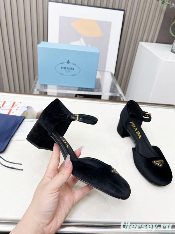 2025 Women Prada Black Velvet Mary Jane Block Heel KFY00270