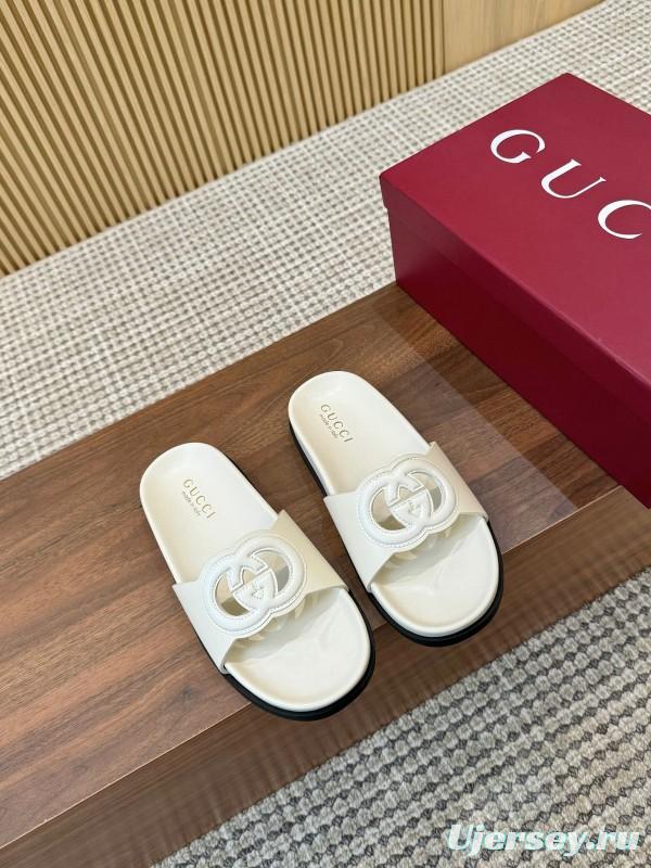 2025 Women Gucci White Leather Slippers GG Logo LY00230