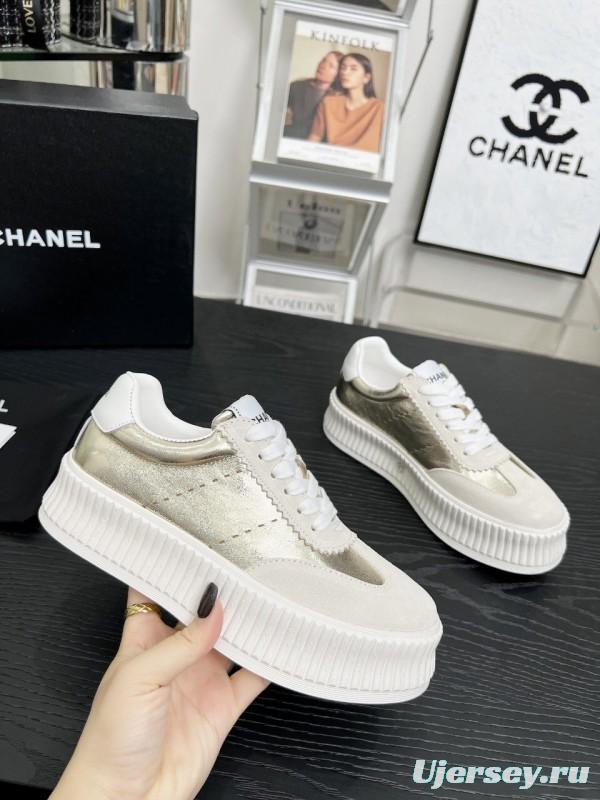 2025 Women Chanel White Gold Leather Suede Sneakers LY00270