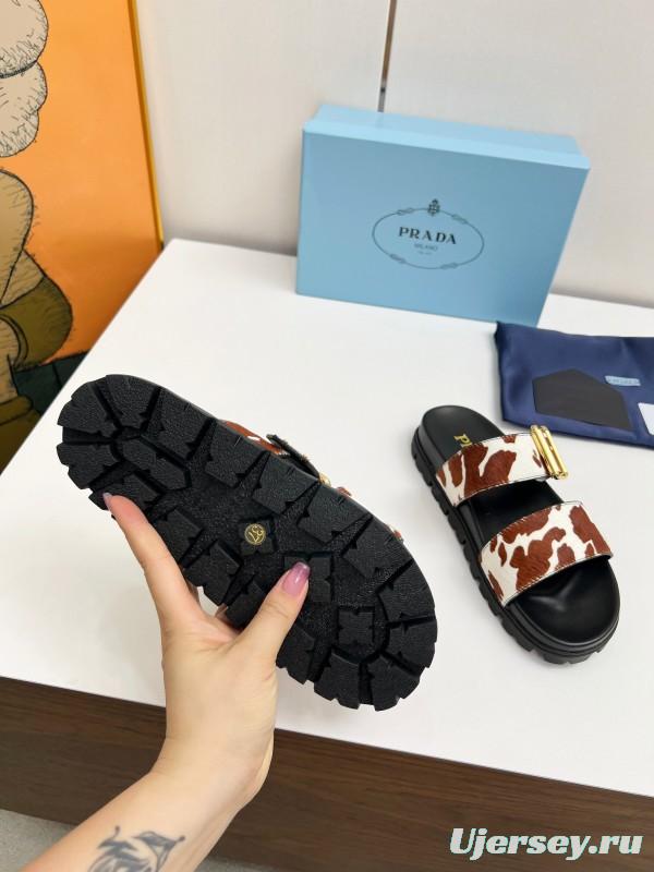 2025 Slippers Prada Brown White Leather Cow Print LY00260