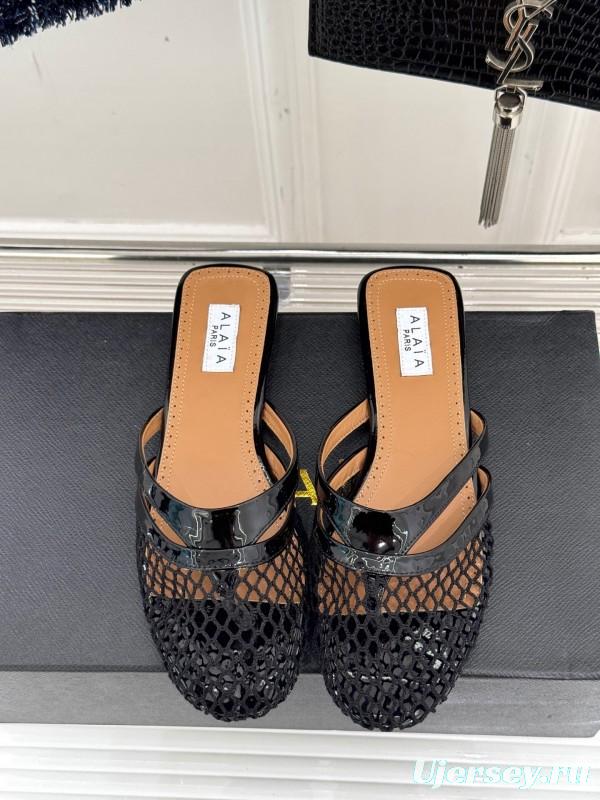 2025 Women AlAIA Black Leather Mesh Flat Mule KFY00260
