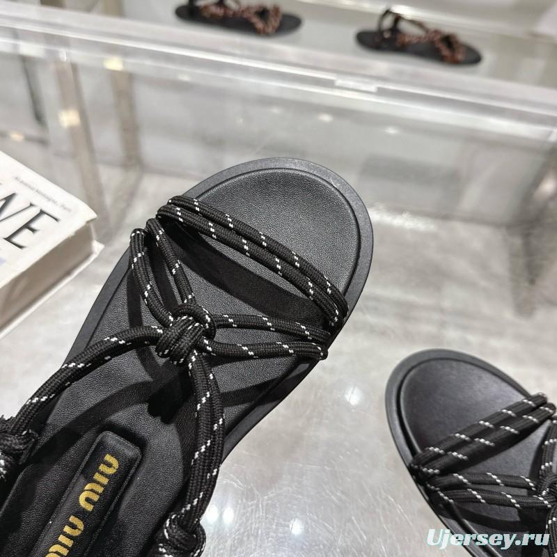 2025 Women Miu Miu Black Leather Rope Sandals