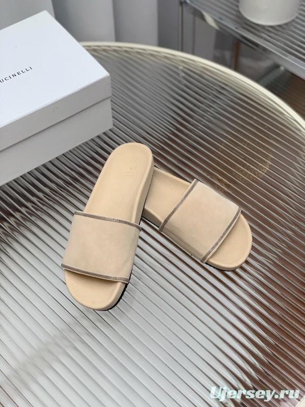 2025 Women Brunello Cucinelli Beige Suede Flat Slide Sandals Handmade Detailing KFY00240 (F)