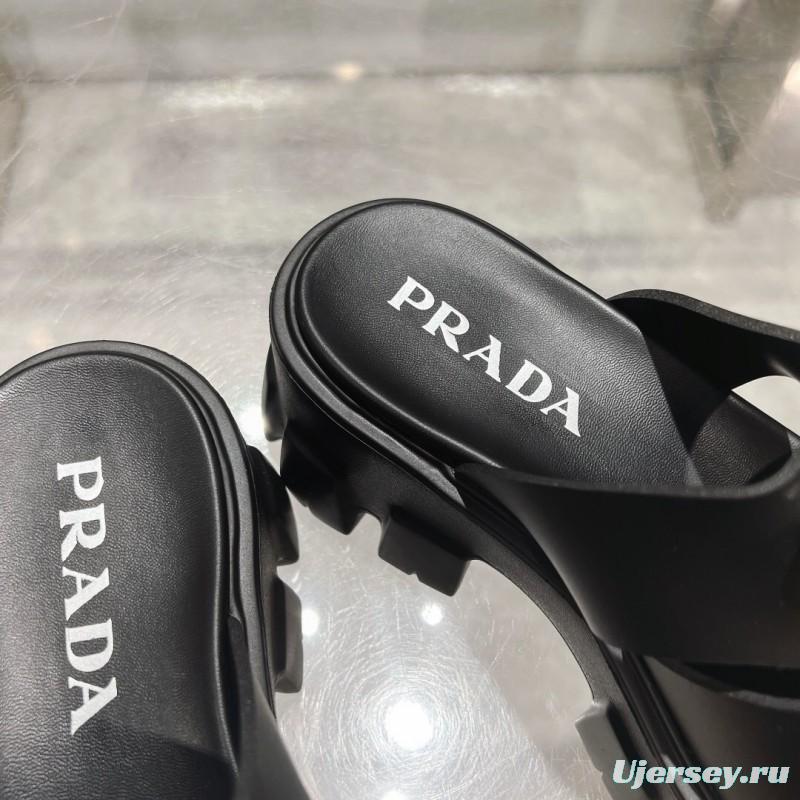 2025 Women Prada Black Leather Slingback Sandals LY00250