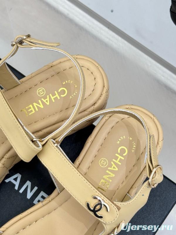 2025 Women Chanel Beige Leather Platform Sandals Chain KFY00270