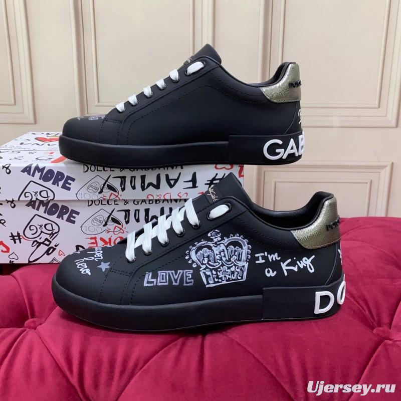 2025 Men Dolce & Gabbana Black Silk Leather Sneakers Crown Embellishment LY00360