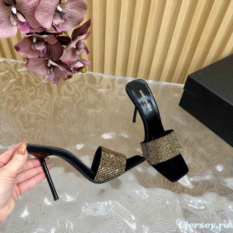 2025 Women Yves Saint Laurent Black Gold Rhinestone Leather High Heel Sandals MJ00300