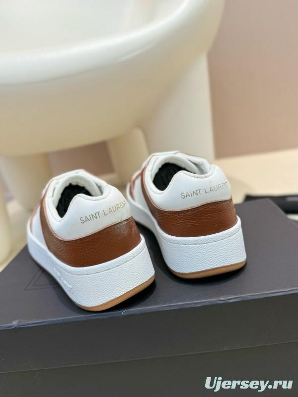 2024 Unisex Yves Saint Laurent White Brown Leather Canvas Sneakers MJ00350