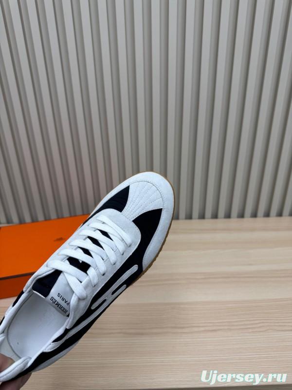 2025 Unisex Hermès White Black Suede Down Fabric Sneakers Top Version LY00310