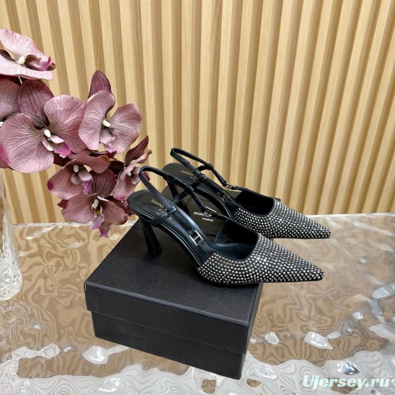 2024 Women Yves Saint Laurent Black Silk Slingback Pumps Crystal Embellishment MJ00320